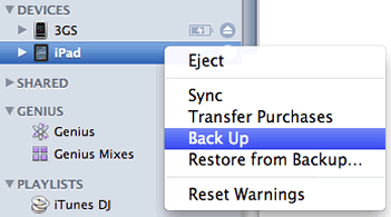 iTunes - Back up iPad - Trasfering your data to an iPad 2