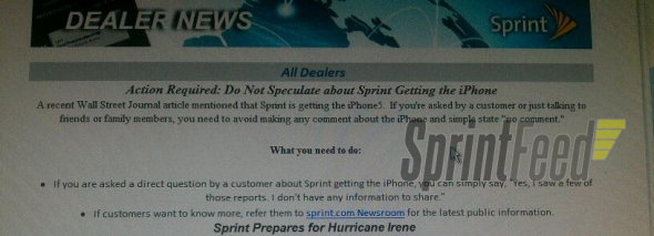 Sprint notice to employees about upcoming iPhone 5