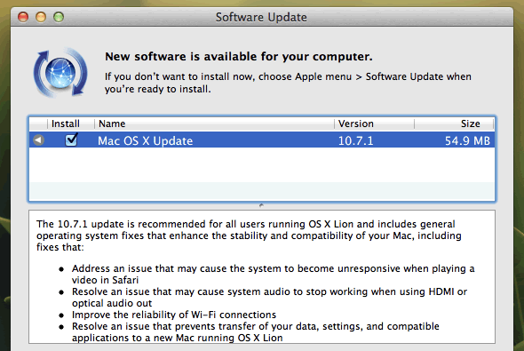 Mac OS X Lion update to v.10.7.1