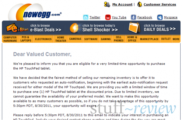 Newegg HP Touchpad notification email