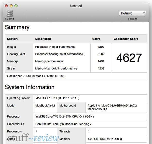 MacBook Air 2011 Geekbench benchmark for 1.6GHz Core i5 4GB RAM 11-inch