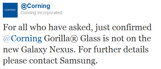 Corning tweet on Gorilla Glass for Galaxy Nexus