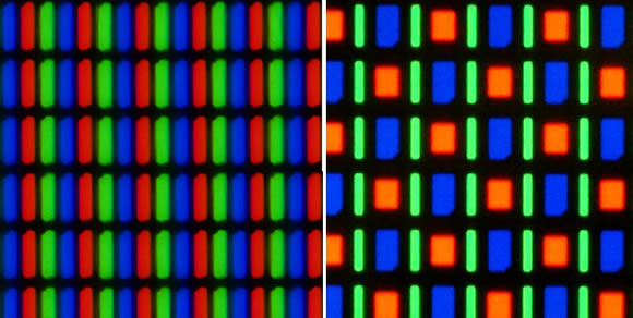 RGB LCD subpixel arrangement (left) vs. Samsung's RGBG PenTile Matrix subpixel arrangement (right)