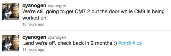 Cyanogen CM9 Android Ice Cream Sandwich tweet Cyanogen CM9 Android Ice Cream Sandwich tweet