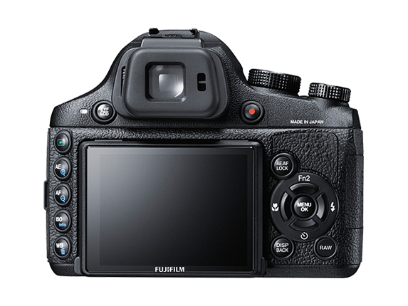 Fujifilm X-S1 rear - EVF, tiltable 3-inch LCD screen and controls