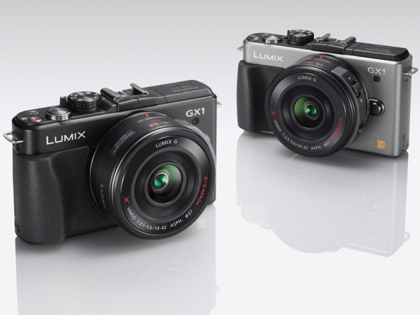 Panasonic Lumix GX1 MFT camera black and silver side-by-side