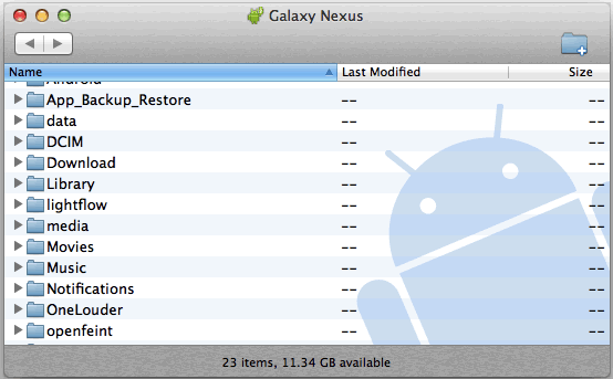 Galaxy Nexus connected with MTP to a Mac with Android File Transfer - folder list