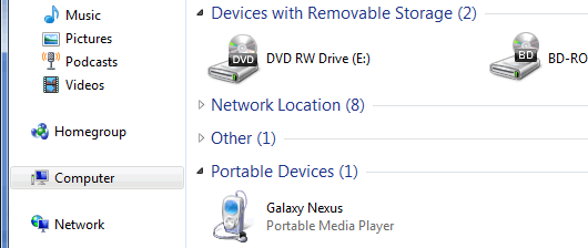 Galaxy Nexus connected to a Windows PC with MTP – no mass storage