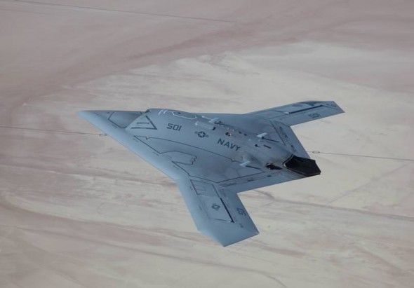 Northrop Grumman X-47B US Navy unmanned aircraft in flight top