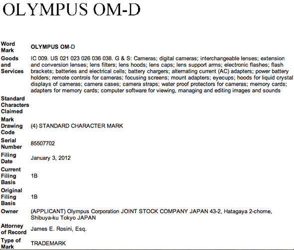 Olympus OM-D trademark registration