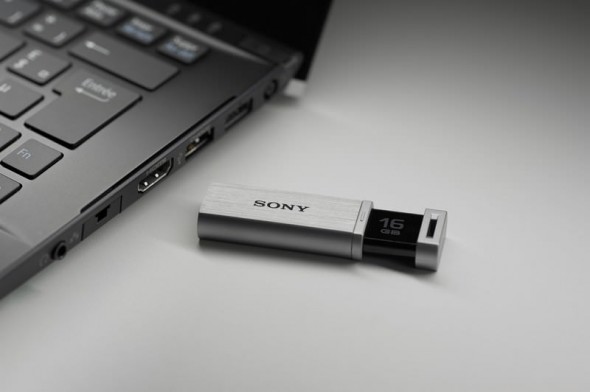 Sony Micro Vault MACH USB 3.0 drive next to computer