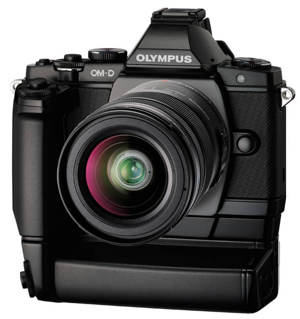 Olympus OM-D E-M5 front with optional battery grip