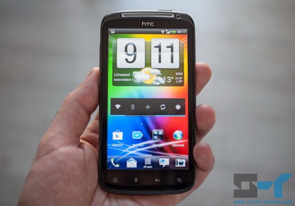 HTC Sensation running Android 4.0 ICS and Sense 3.6 homescreen