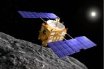 Artist's impression of Hayabusa space probe over asteroid Itokawa