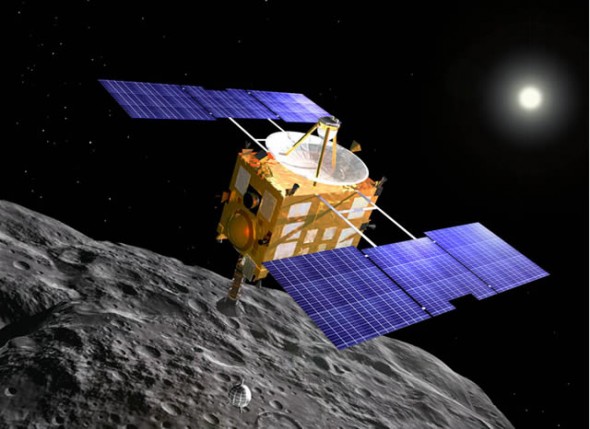 Artist's impression of Hayabusa space probe over asteroid Itokawa