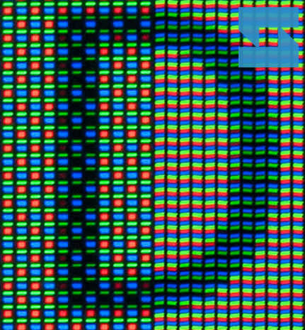 Galaxy Nexus PenTile Matrix Super AMOLED (left) vs. HTC One X Super IPS LCD 2 (right) - macro