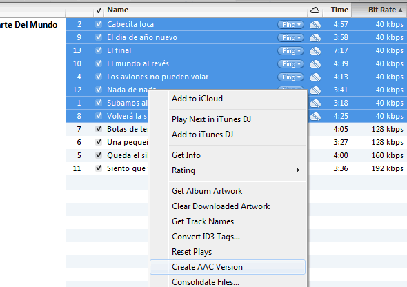 Right click on 96kbps and lower bit rate files an select Create AAC version