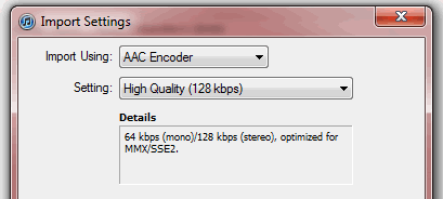 iTunes preferences - Import settings - select ACC Encoder and High Quality