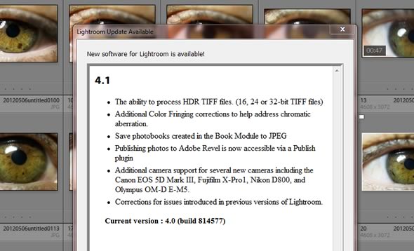Adobe Lightroom 4.1 update dialogue