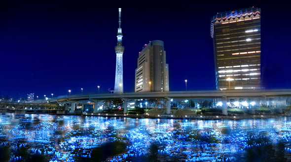 Tokyo Hotaru festival firefly LEDs floating down Sumida river