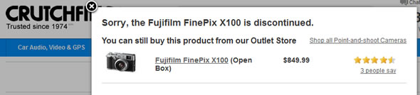 Screen capture from Crutchfield's website showing that the Fujifilm X100 has been discontinued