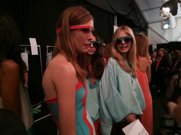 DVF fashion show model wearing Google Glass