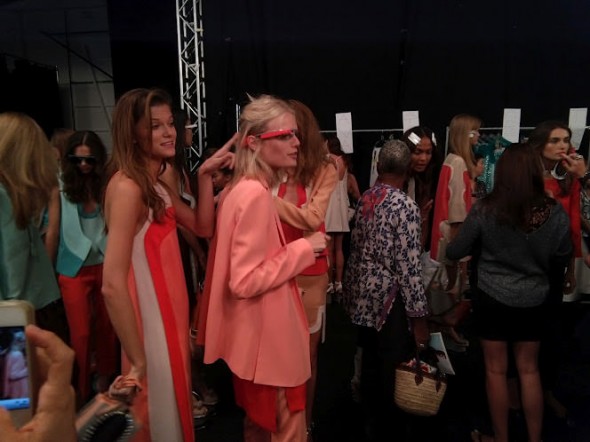 DVF fashion show model wearing Google Glass